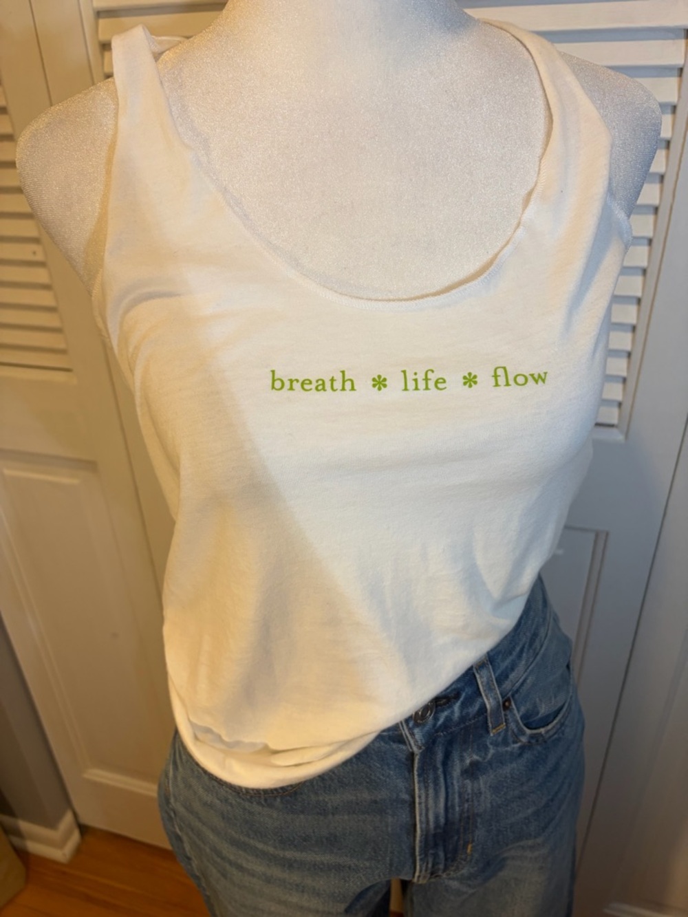 Bella Canvas White Tank Top with Green "breath life flow" Text